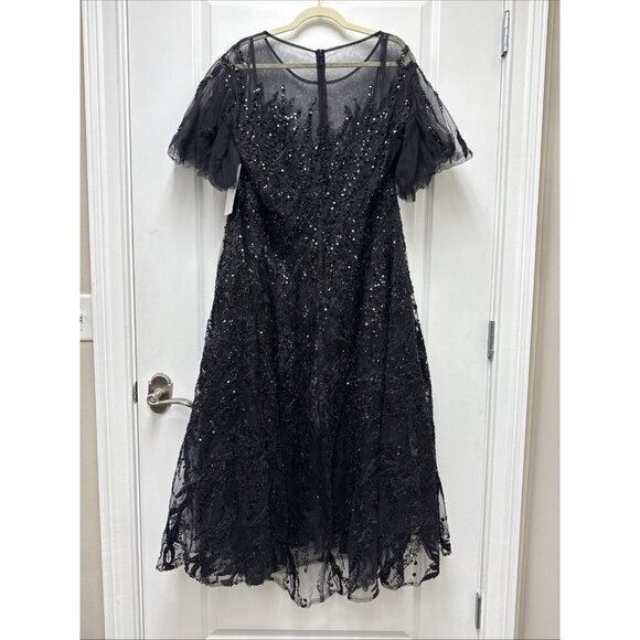 MAC DUGGAL Size 24 Black 20477 Flutter Sleeve Embellished Cocktail Midi Dress - Picture 7 of 10